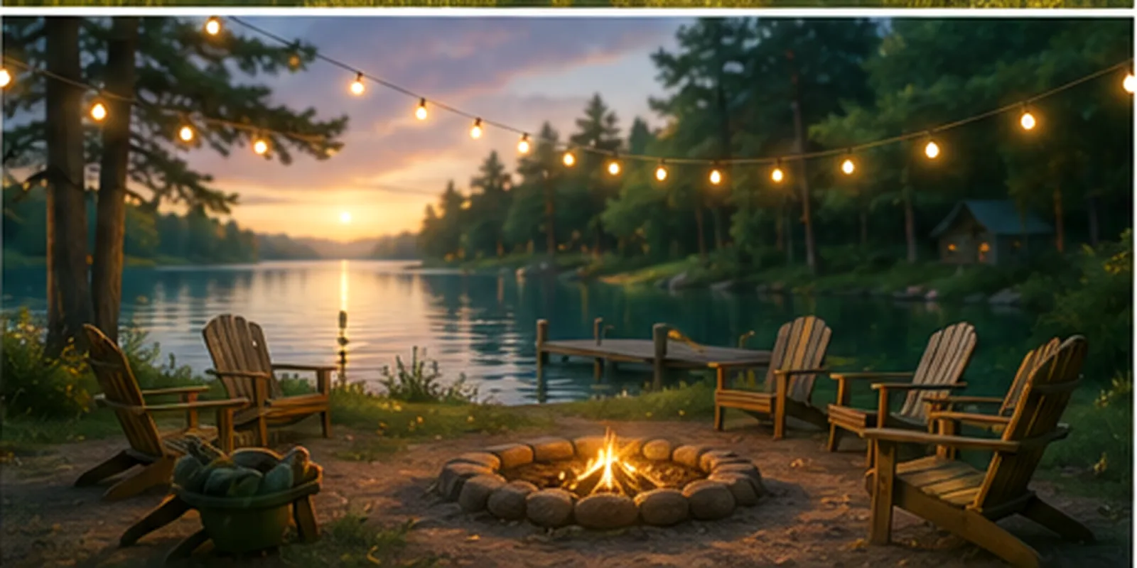 A lakeside campfire ring at dusk — Adirondack chairs under string lights, and a cabin with one lit window